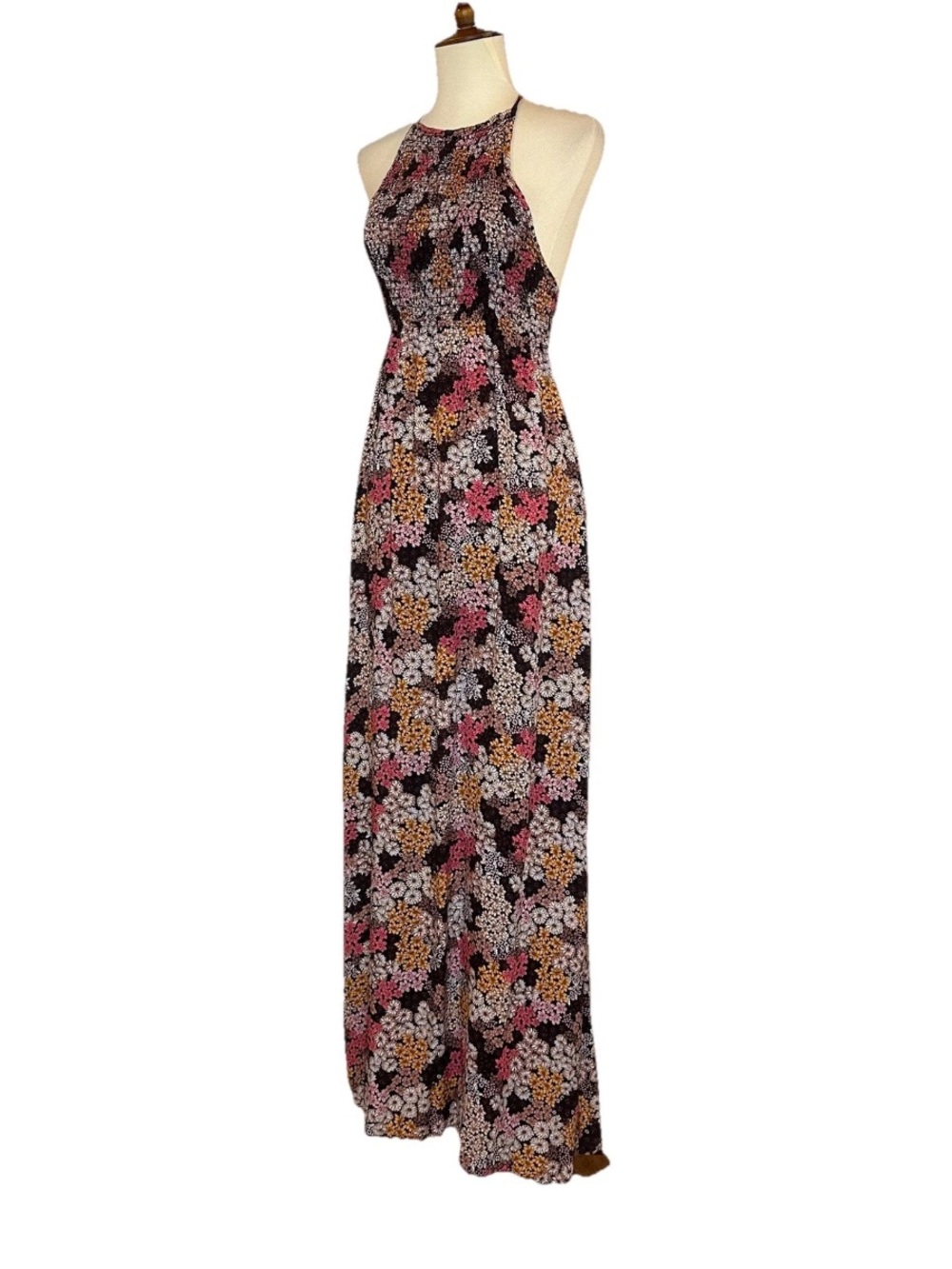 No Comment Smocked Bodice Open Back Boho Maxi Dress Retro Floral Size M NWT
